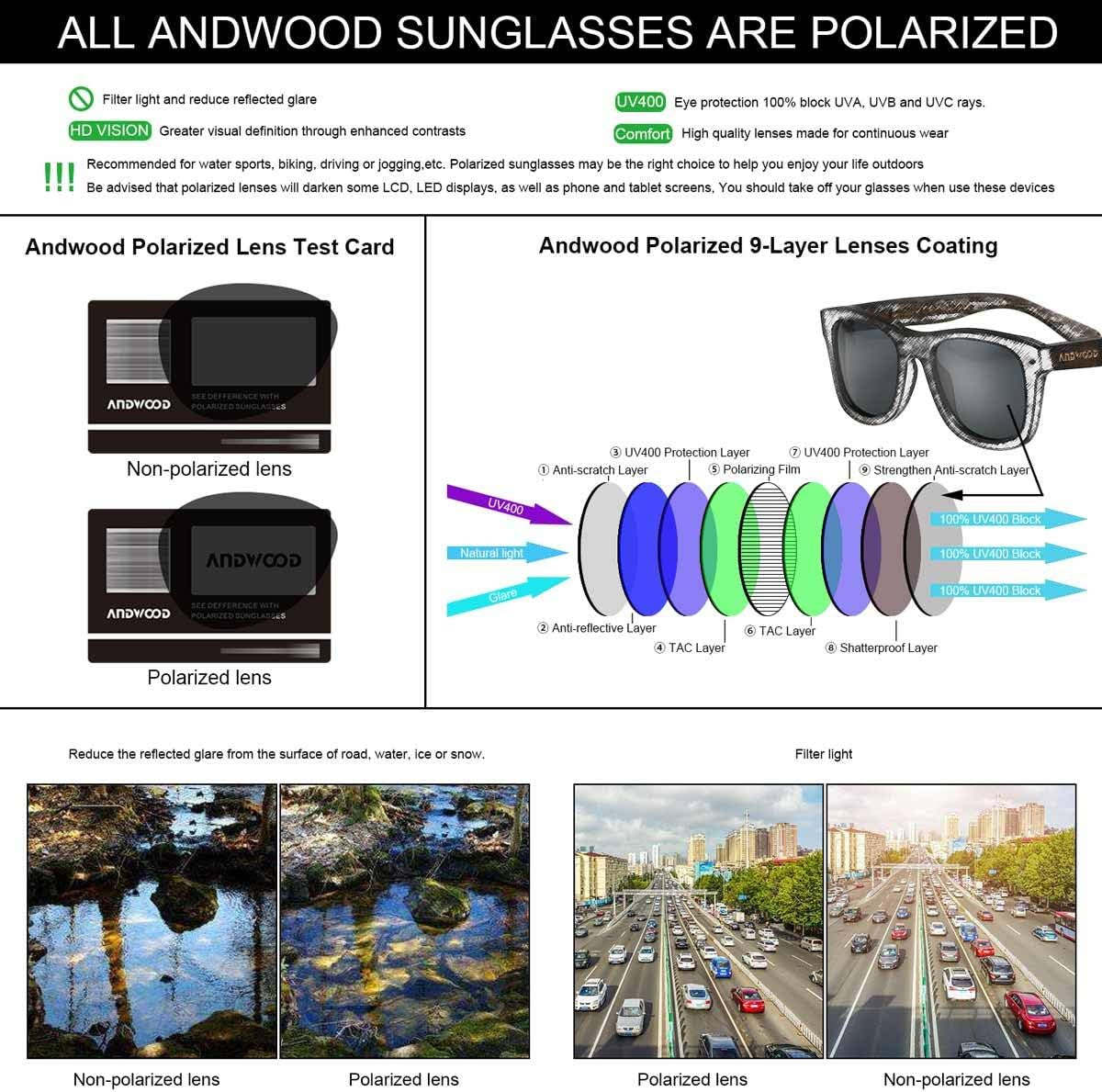 Wood Sunglasses Polarized for Men Women Uv Protection Wooden Bamboo Frame Mirrored Sun Glasses