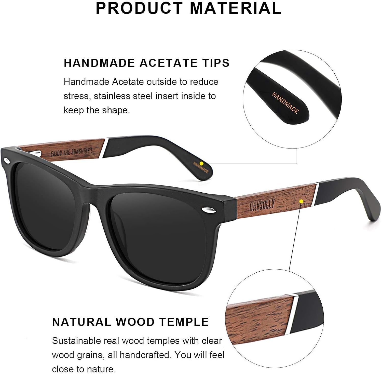 Retro Polarized Sunglasses for Men UV Protection, Black Mens Shades Sunglasses Designer with Wood