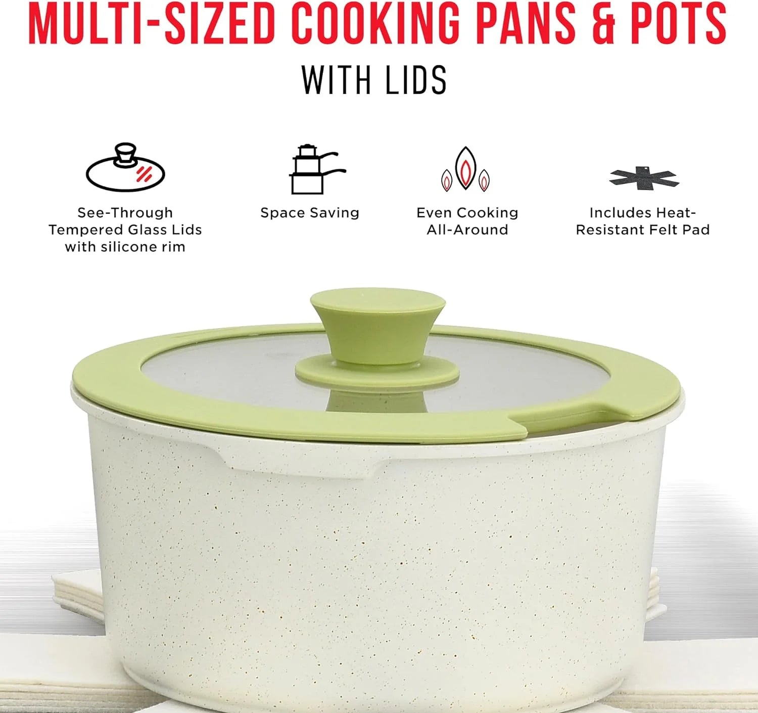 Bakken 15-Piece Non-Stick Cookware Set with Detachable Handles – Granite Stackable Pots and Pans Set, Dish Washer Safe, Oven-Safe, and Compatible Kitchen Essential for All Stoves – Green/Cream