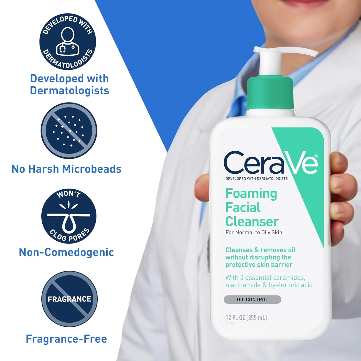 Foaming Facial Cleanser, Daily Face Wash for Oily Skin with Hyaluronic Acid, Ceramides, and Niacinamide, Fragrance Free, 16 Fluid Ounce