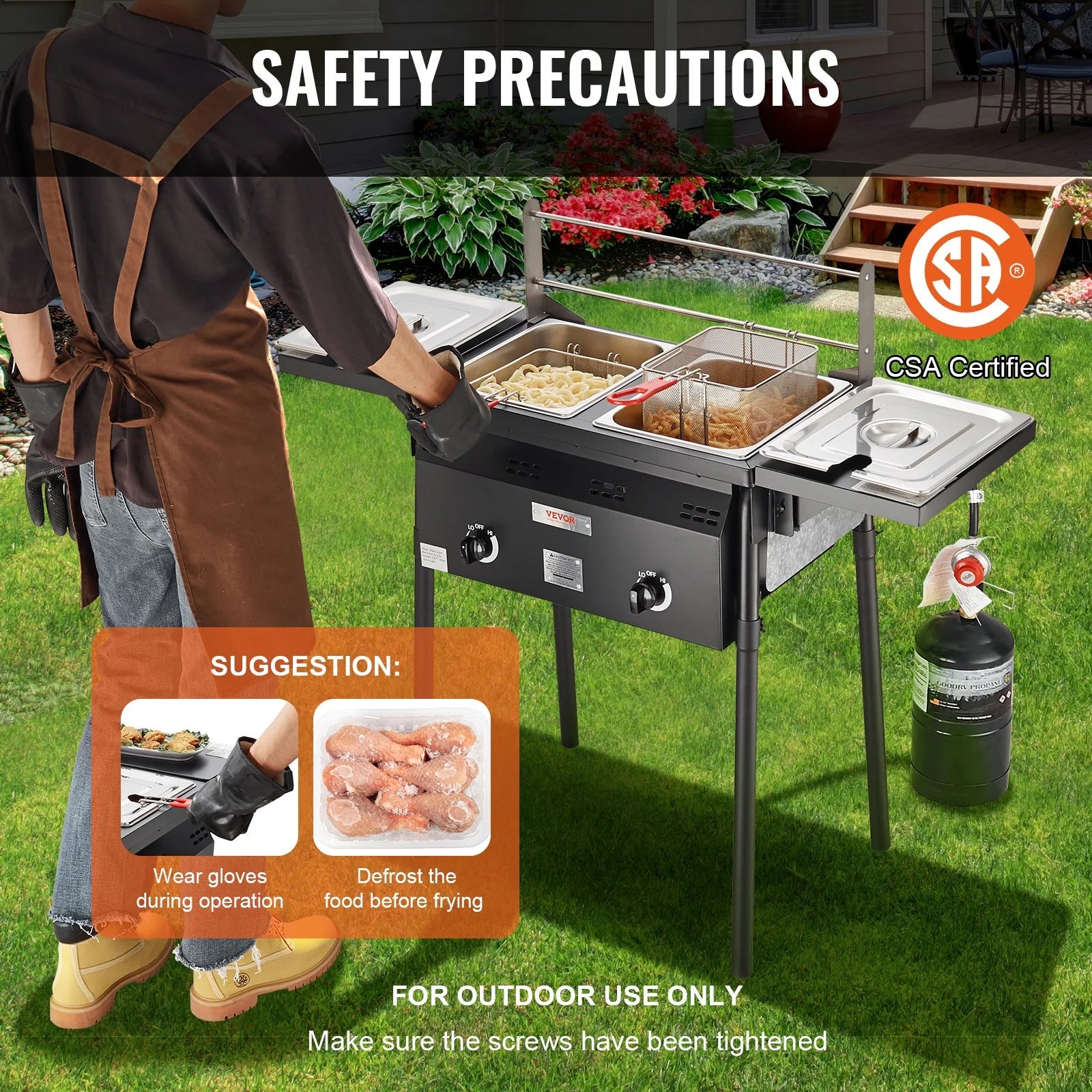 VEVOR Outdoor Propane Deep Fryer, Double Burners Commercial Fryer, 16 Qt Stainless Steel Cooker with Removable Baskets & Lids & Tanks, Oil Fryer Cart with Thermometer & Regulator, for Outdoor Cooking