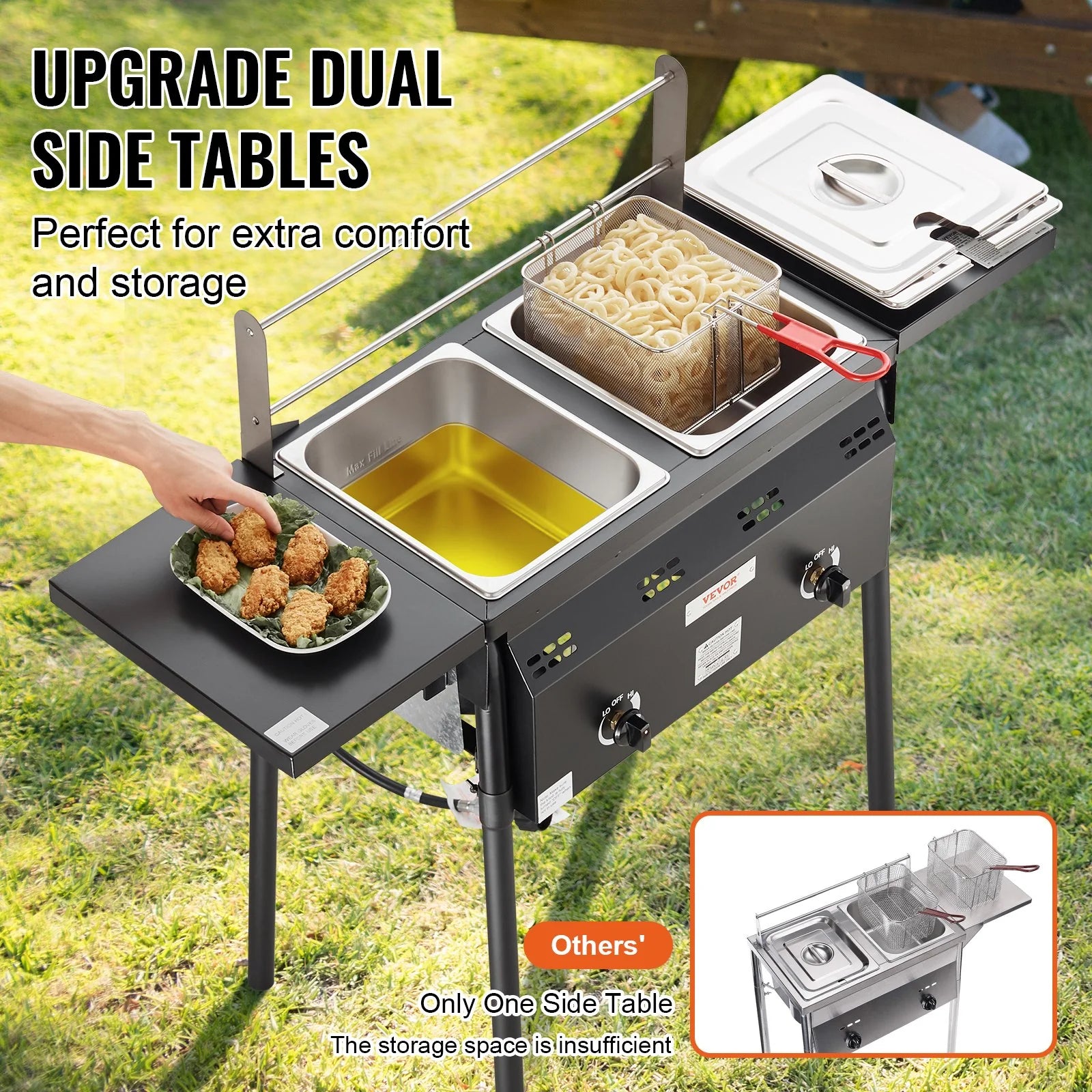 VEVOR Outdoor Propane Deep Fryer, Double Burners Commercial Fryer, 16 Qt Stainless Steel Cooker with Removable Baskets & Lids & Tanks, Oil Fryer Cart with Thermometer & Regulator, for Outdoor Cooking