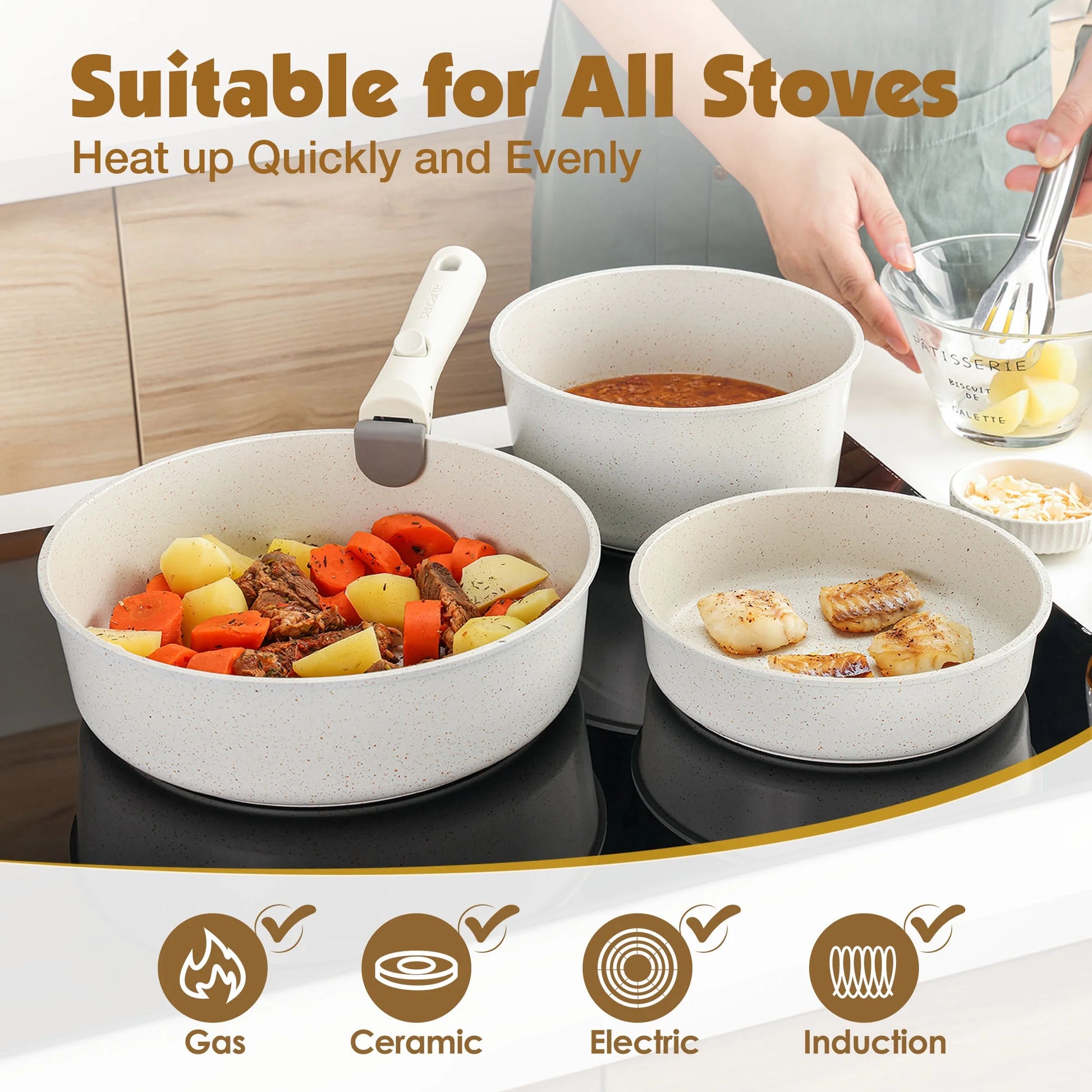 Pots and Pans Set Nonstick with Detachable Handles, 14Pcs Induction Cookware Set Stackable, Space Saving Kitchen Cookware Sets Non-Stick with Removable Handle, RV Cookware, PFOA Free