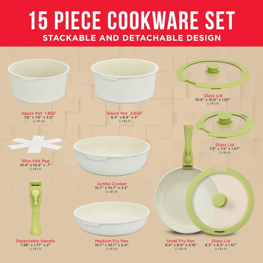 Bakken 15-Piece Non-Stick Cookware Set with Detachable Handles – Granite Stackable Pots and Pans Set, Dish Washer Safe, Oven-Safe, and Compatible Kitchen Essential for All Stoves – Green/Cream