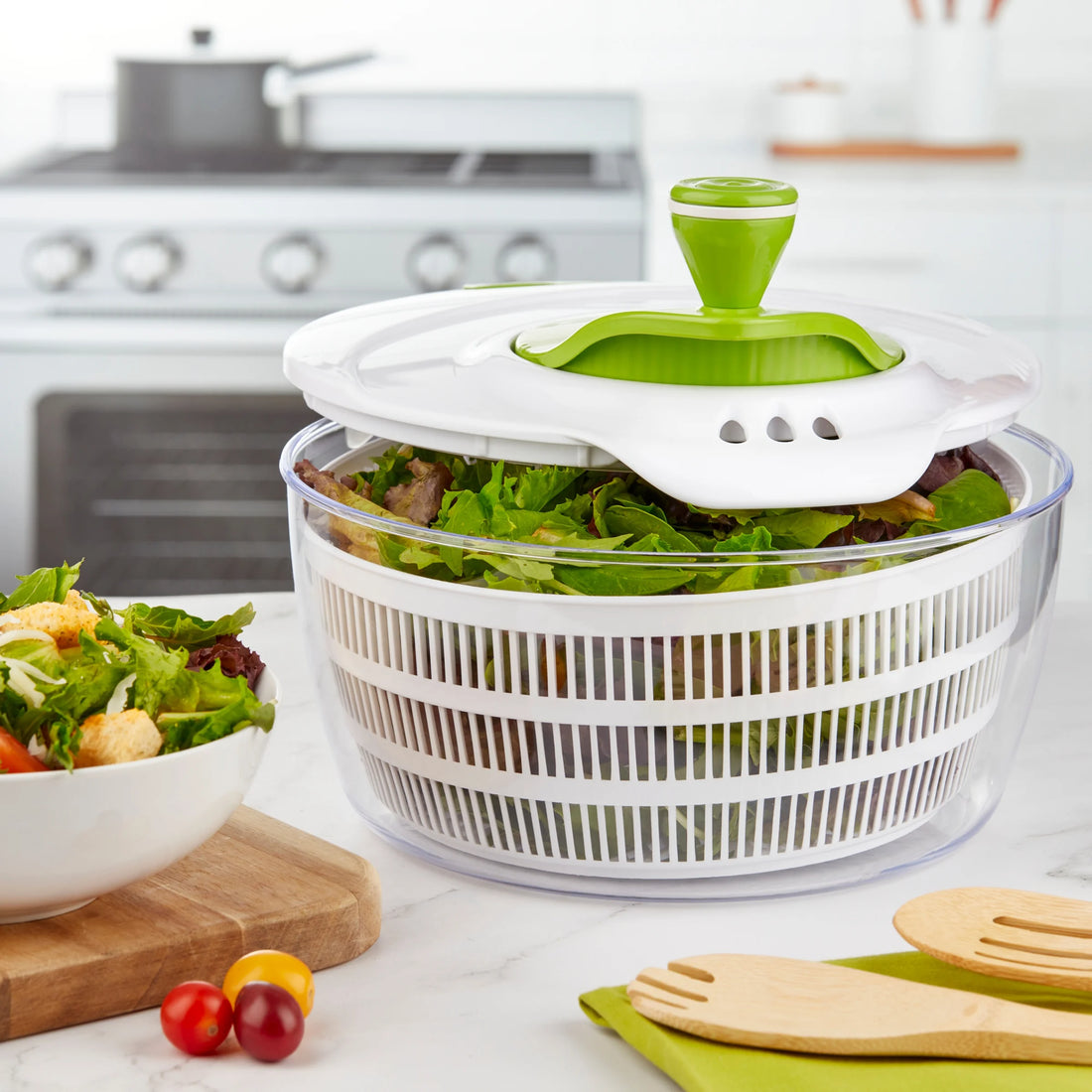 4Qt Salad Spinner Vegetable Dryer, Green Glaze Colour, Height: 7.68In,Weight:1.17Lb