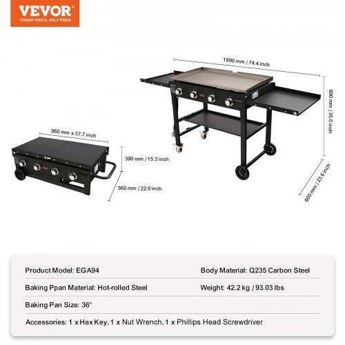 VEVOR 36" 4-Burner Outdoor Gas Griddle with Cart
