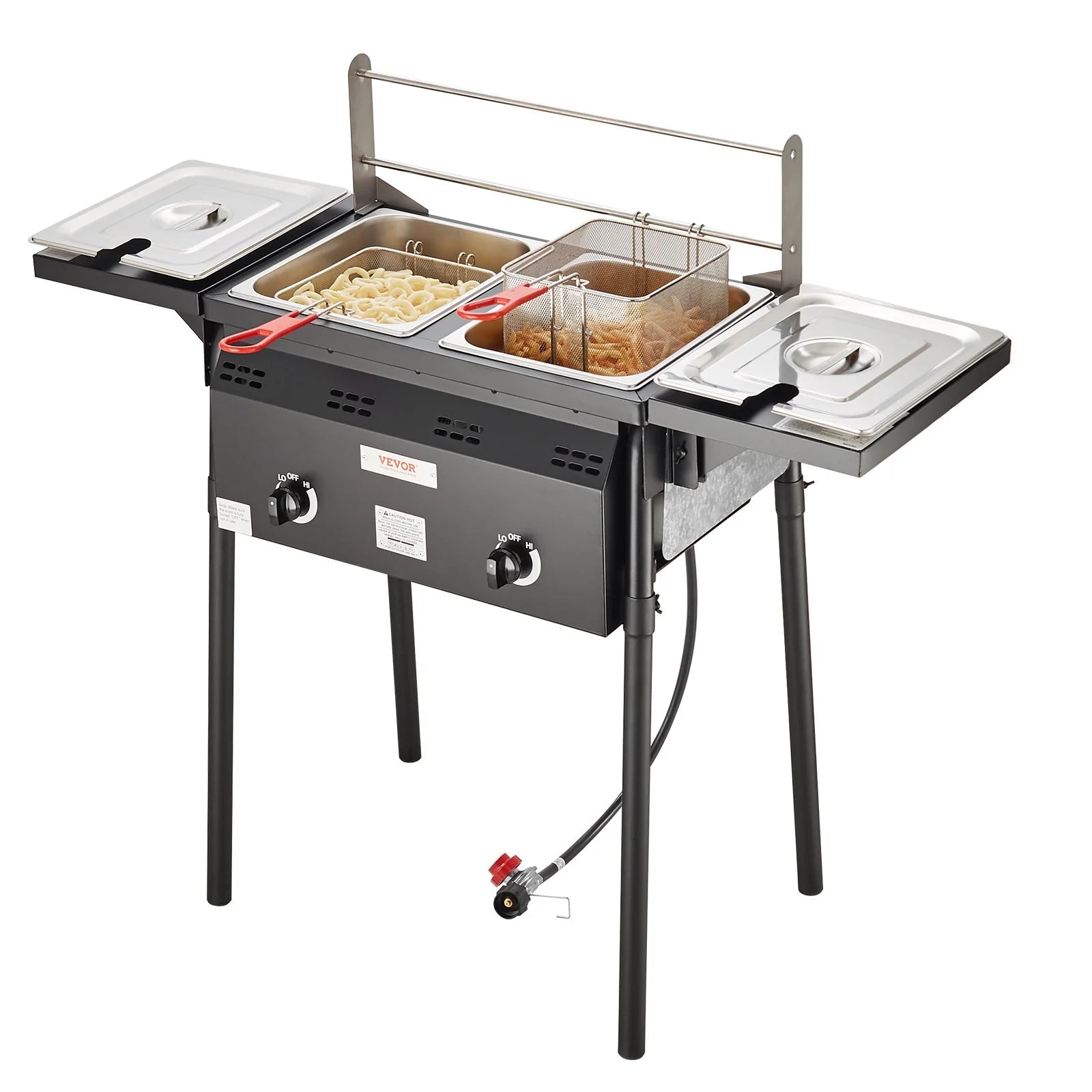 VEVOR Outdoor Propane Deep Fryer, Double Burners Commercial Fryer, 16 Qt Stainless Steel Cooker with Removable Baskets & Lids & Tanks, Oil Fryer Cart with Thermometer & Regulator, for Outdoor Cooking
