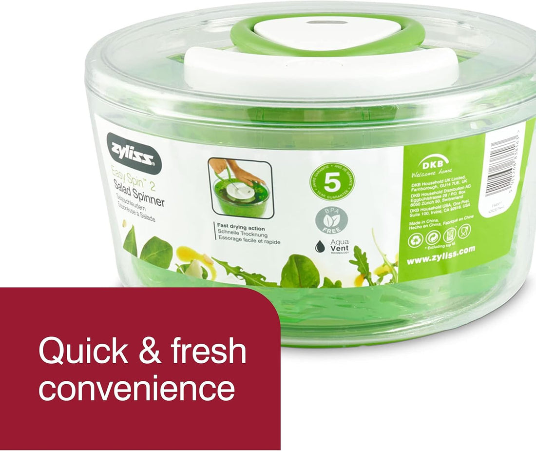 Easy Spin 2 Aquavent Large Salad Spinner - Salad Spinner with Pull Cord - Salad Bowl for 4 to 6 Servings - Manual Vegetable and Fruit Dryer - Vegetable Spinner with Brake - Green, Large