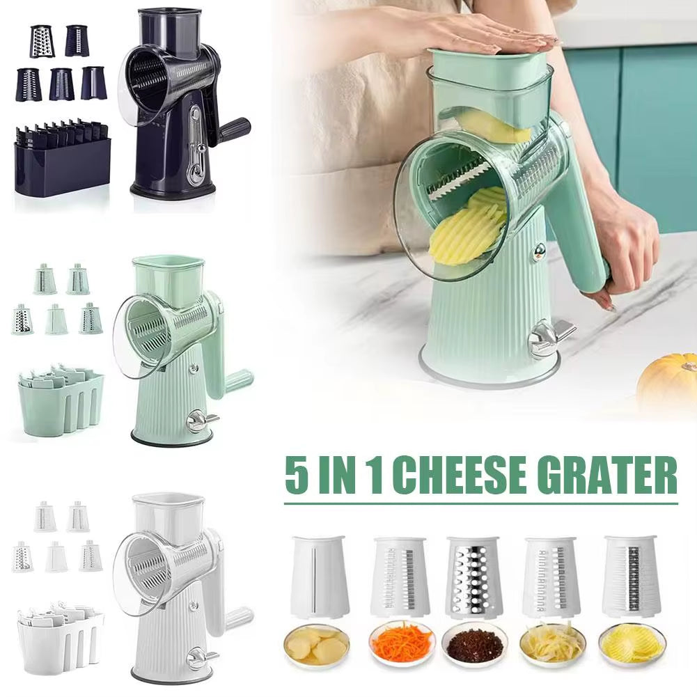 5 in 1 Rotary Cheese Grater with Handle Manual Vegetable Base Nuts Grinder with Strong Suction Slicer Graters Shredder R4Y9