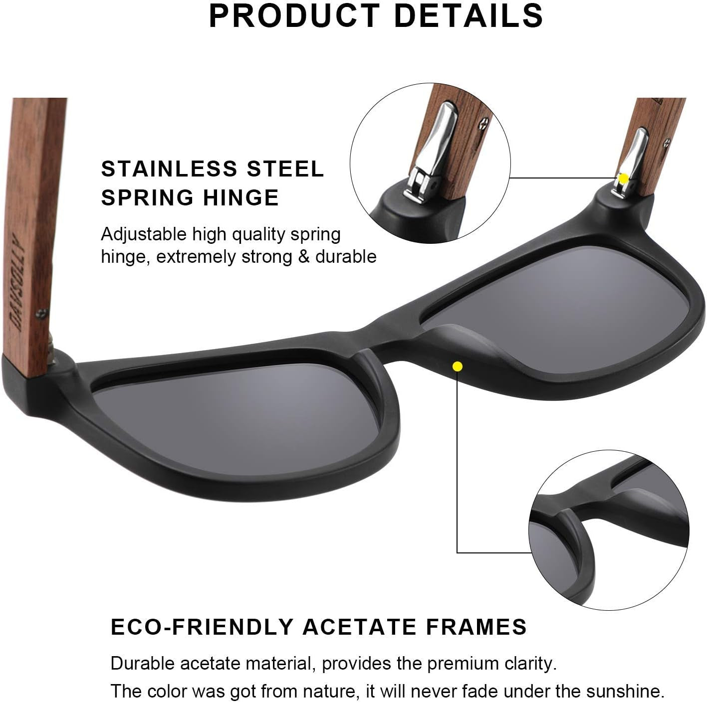 Retro Polarized Sunglasses for Men UV Protection, Black Mens Shades Sunglasses Designer with Wood