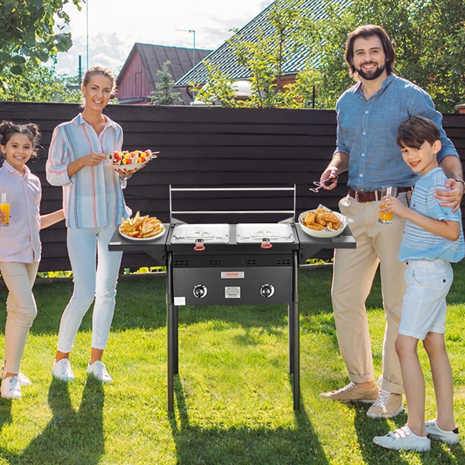 VEVOR Outdoor Propane Deep Fryer, Double Burners Commercial Fryer, 16 Qt Stainless Steel Cooker with Removable Baskets & Lids & Tanks, Oil Fryer Cart with Thermometer & Regulator, for Outdoor Cooking